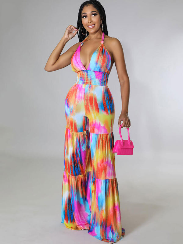 Halter Neck Backless Tie Dye Wide Leg Jumpsuit