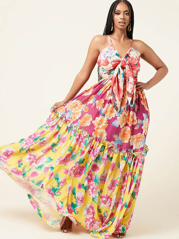 Spaghetti Strap V Neck Floral Maxi Dress