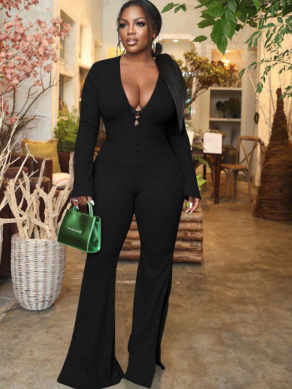 Long Sleeve Side Slit Flare Bell Pants Jumpsuit