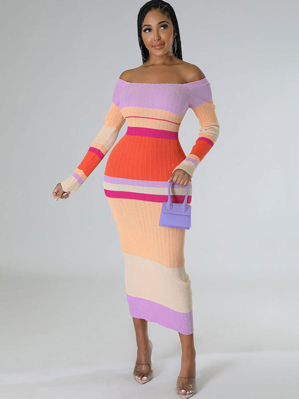 Long Sleeve Off Shoulder Color Block Midi Dress