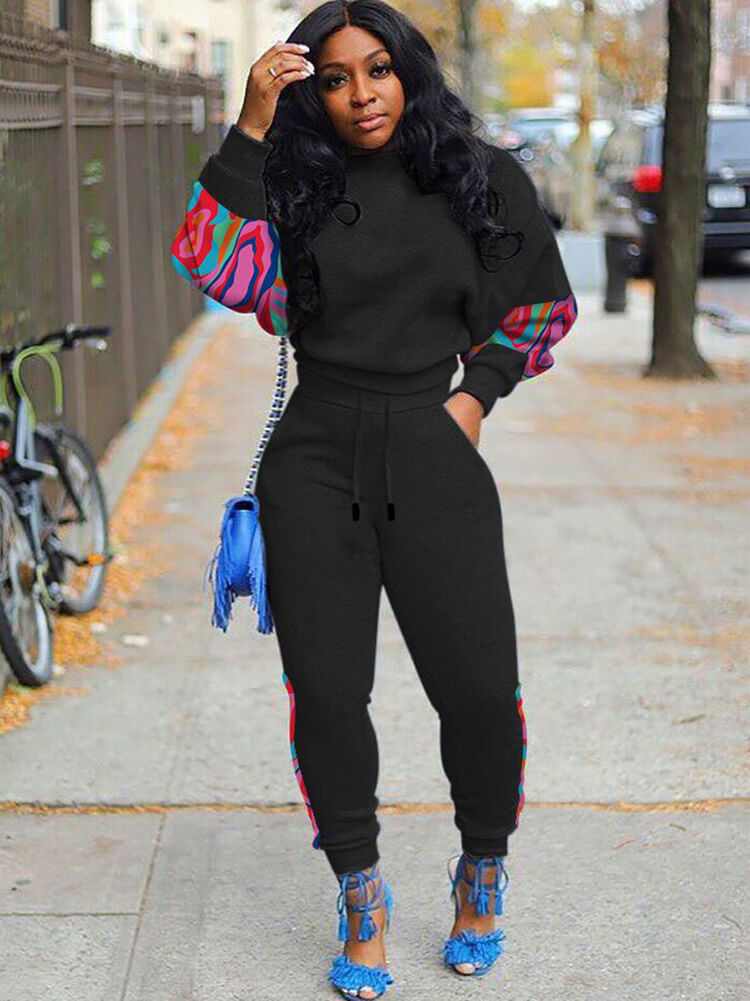 Two Piece Long Sleeve Print Patchwork Pullover Pants