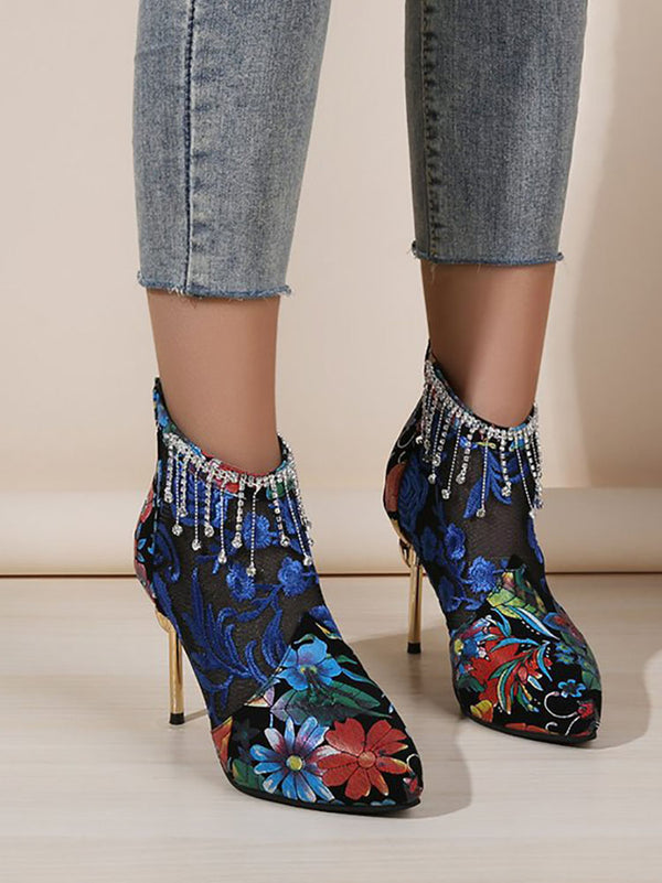 Mesh Pactwork Embroidery Heel Boots