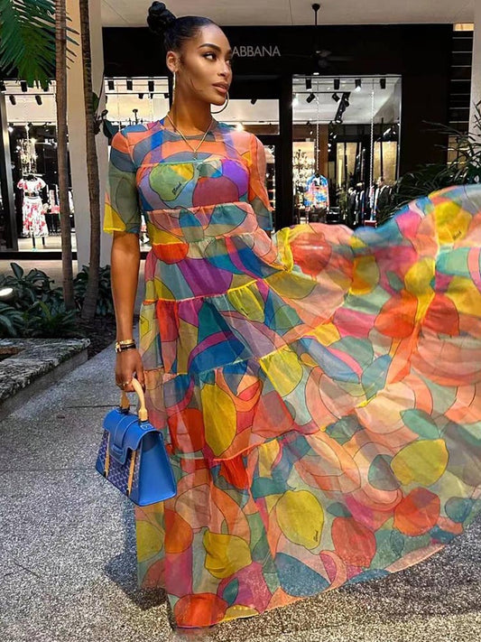 Vestidos largos fluidos con estampado de manga corta de malla