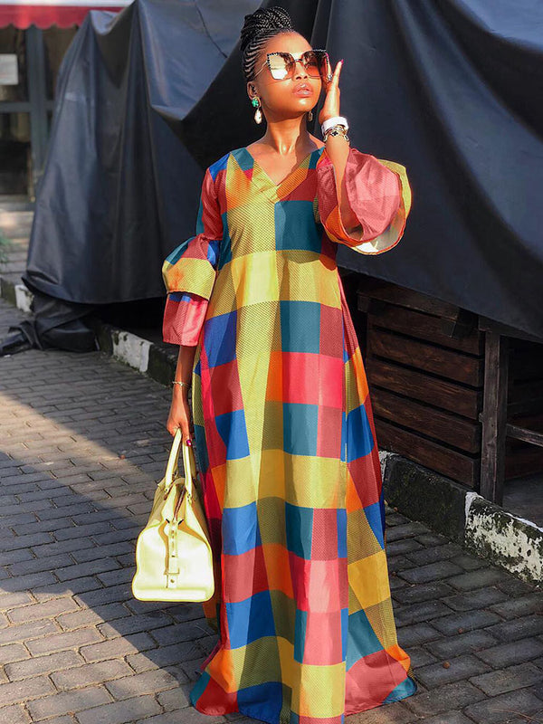 Bell Sleeves Color Block Maxi Dress