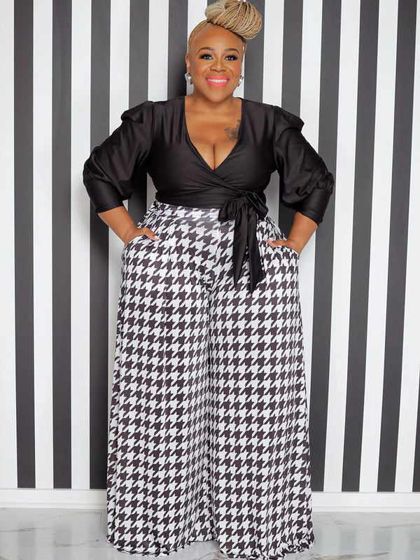 High Waist Houndstooth Print Floor Length Wide Leg Bottoms