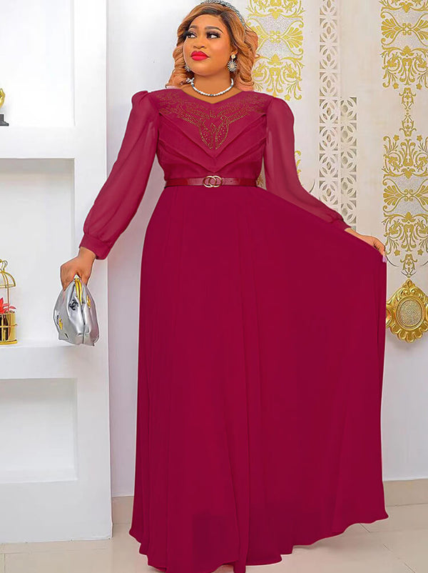 Chiffon Long Sleeve Rhinestone Maxi Dress