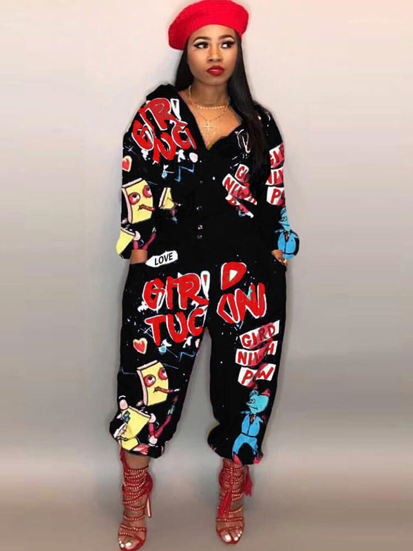 Long Sleeve Graffitti Button Bodycon Jumpsuit