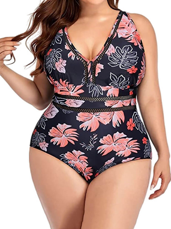 Traje de baño floral ahuecado de una pieza de talla grande