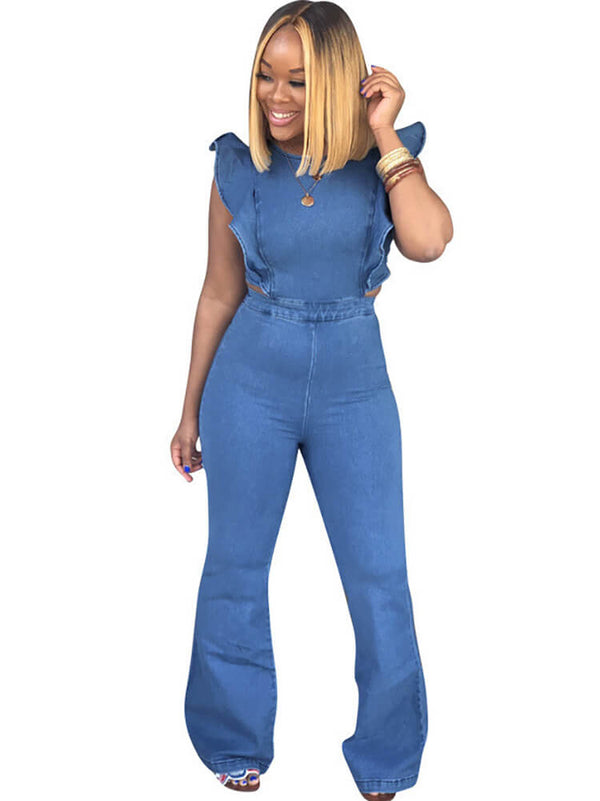 Denim Ruffle Sleeveless Zip Up Jumpsuit