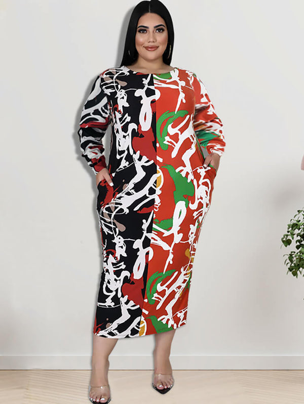 Graffiti Long Sleeve Patchwork Midi Dress