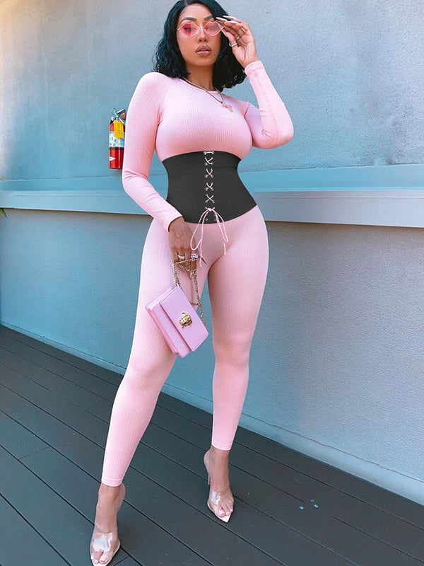 Long Sleeves Color Block Tie Up Jumpsuit