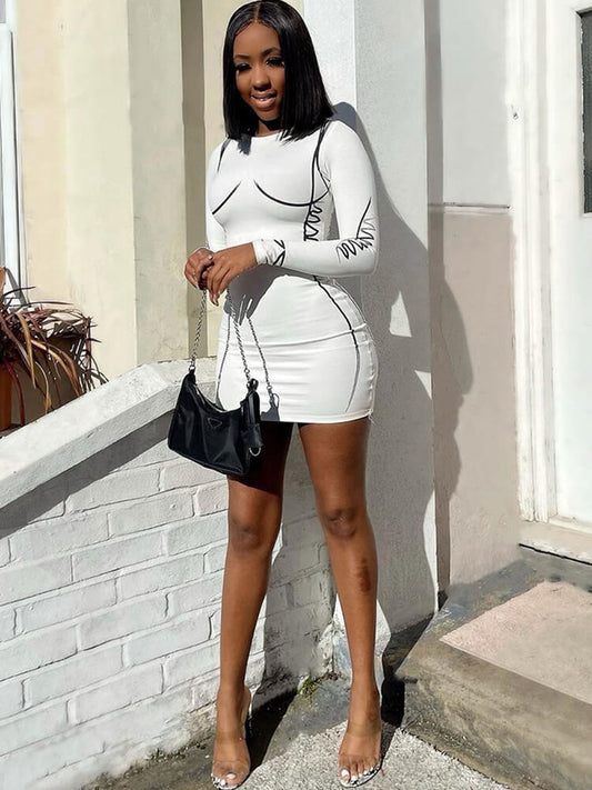 Long Sleeve Printed Bodycon Mini Dress