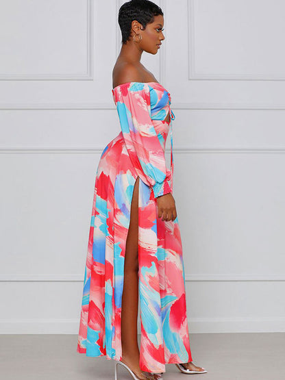 Off Shoulder Floral Print Flowy Maxi Dress