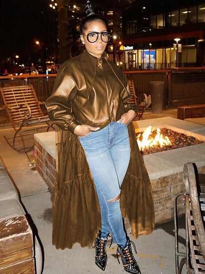 PU Mesh Patchwork Long Sleeve V Neck Top