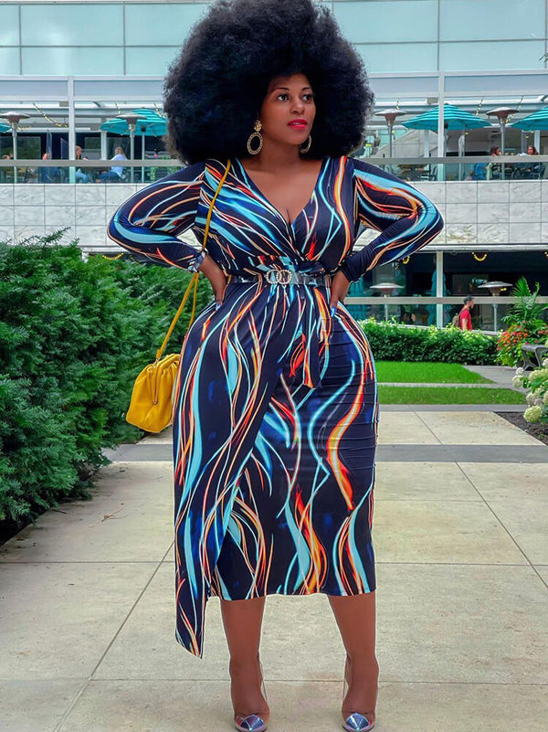 Long Sleeve Striped Print Midi Dress