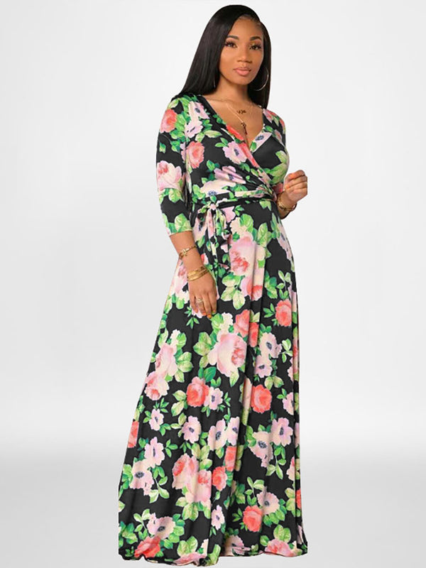 Plus Size Long Sleeves Floral Print Maxi Dress