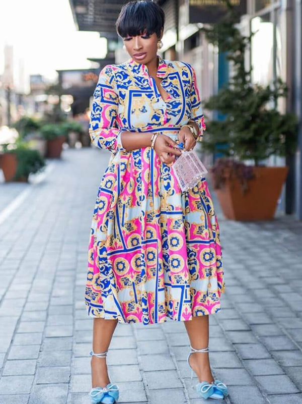 Long Sleeve V Neck Floral Print Midi Dress