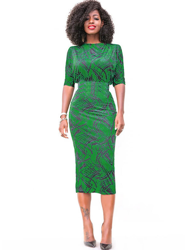 Half Sleeve Printed Bodycon Midi Dress