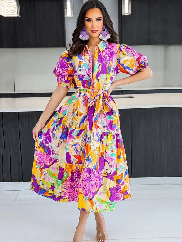 Short Lantern Sleeve Floral Print Midi Dress