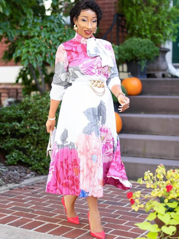 Long Sleeve Floral Print Pleated Maxi Dress