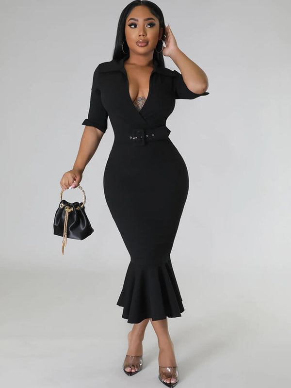 Short Sleeve V Neck Bodycon Midi Dress