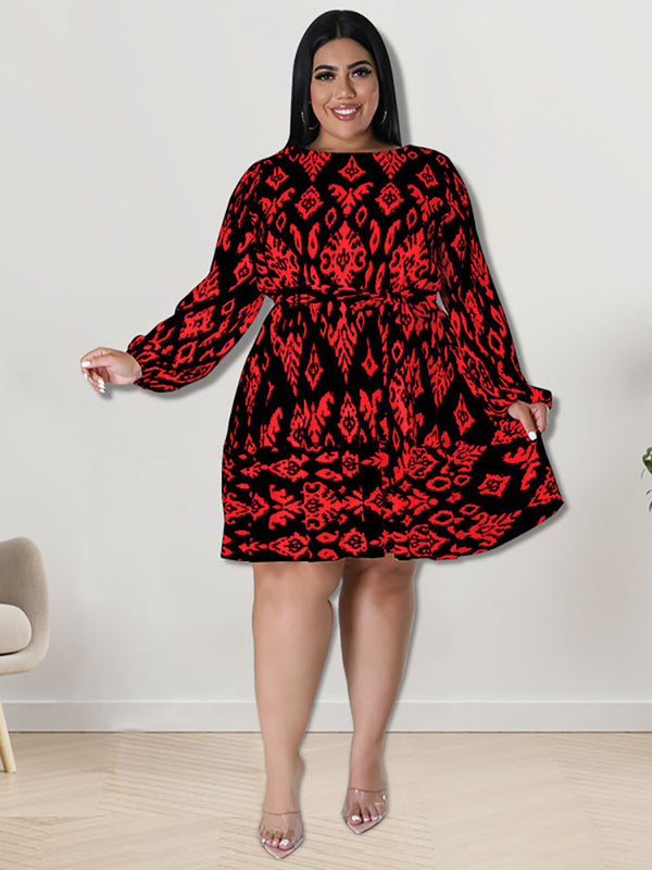 Plus Size Long Sleeves Round Neck Midi Dress