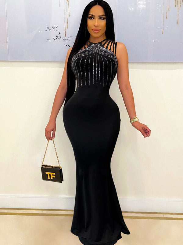 Rhinestone Sleeveless Bodycon Maxi Dress