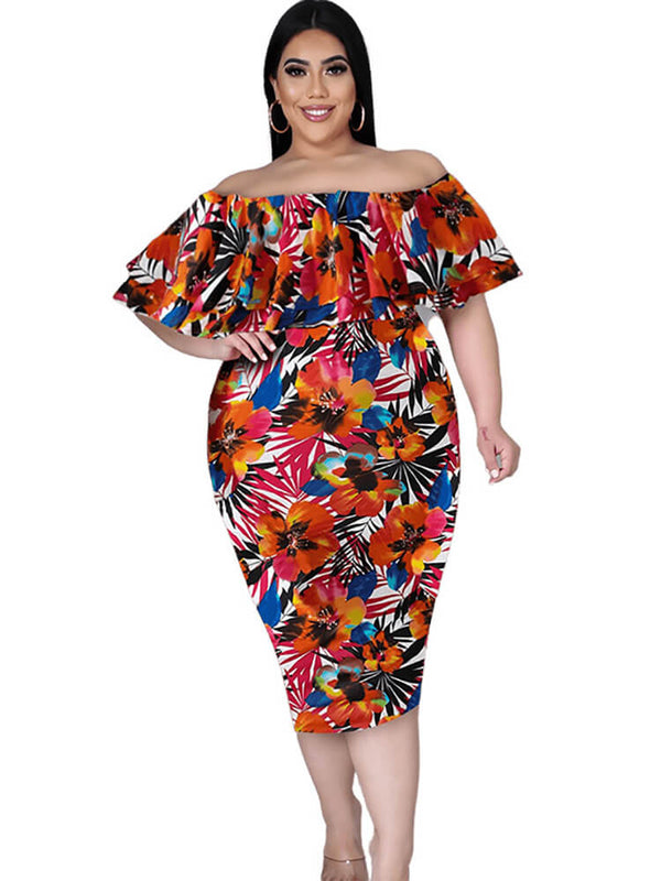 Off Shoulder Floral Print Bodycon Midi Dress