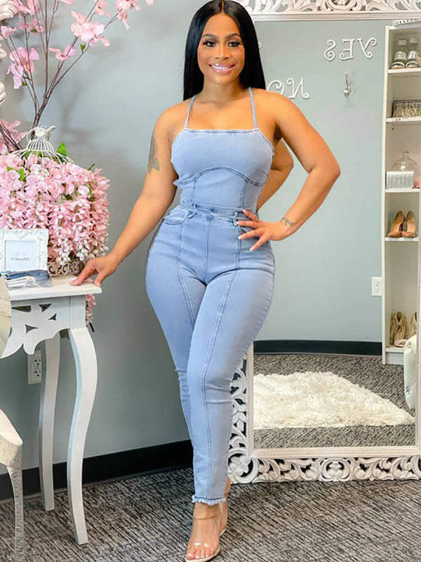 Denim Halter Neck Backless Bodycon Jumpsuit