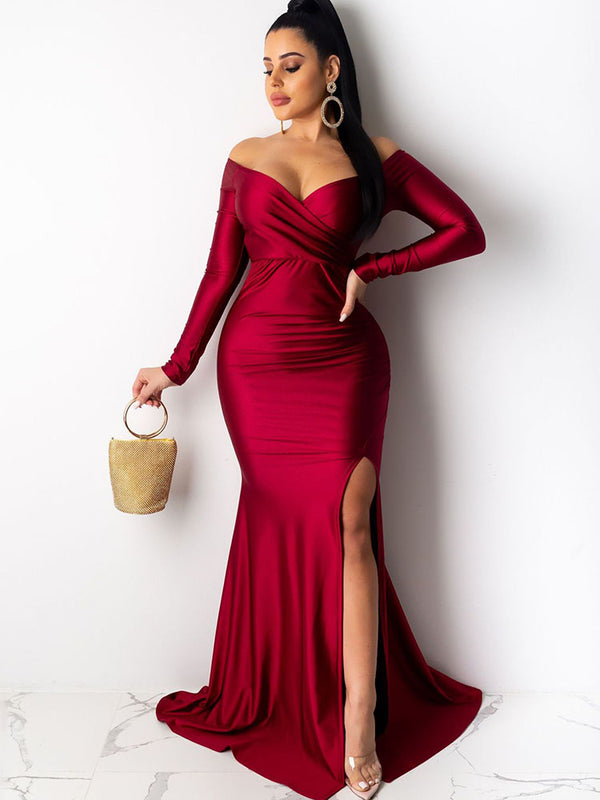 Off Shoulder Long Sleeves Split Maxi Dress