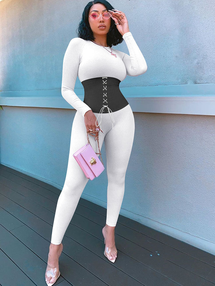 Long Sleeves Color Block Tie Up Jumpsuit