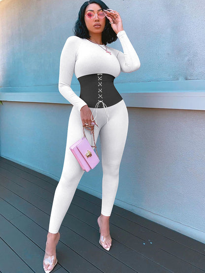 Long Sleeves Color Block Tie Up Jumpsuit