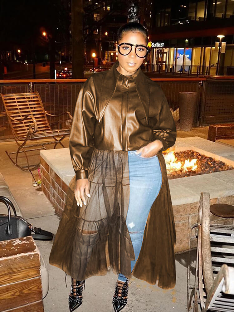 PU Mesh Patchwork Long Sleeve V Neck Top