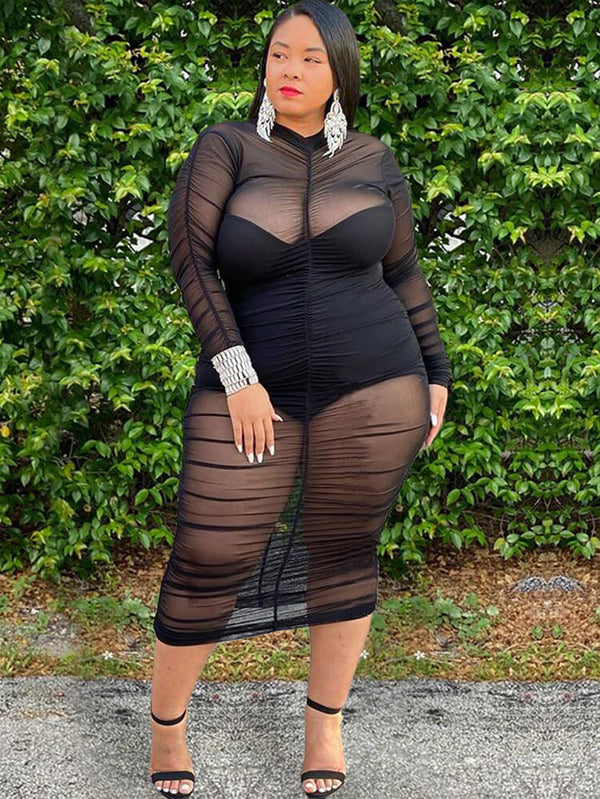 Plus Size Mesh Patchwork Long Sleeve Midi Dress