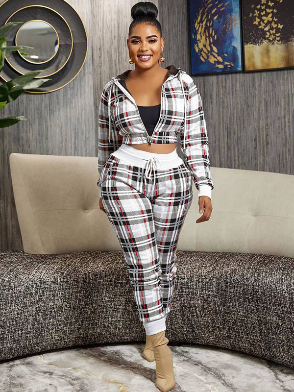 Two Piece Plaid Print Crop Top Long Pants