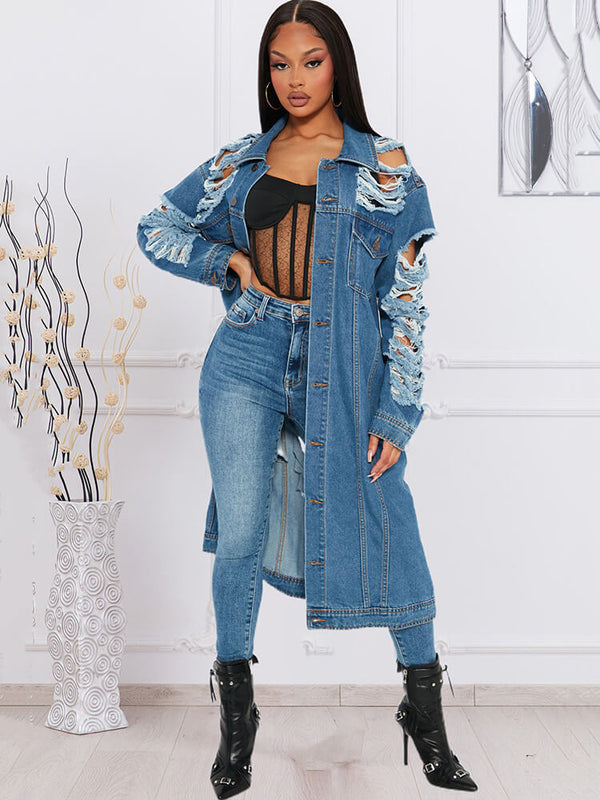 Denim Long Sleeve Ripped Bodycon Coat