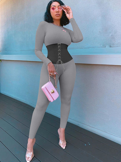 Long Sleeves Color Block Tie Up Jumpsuit