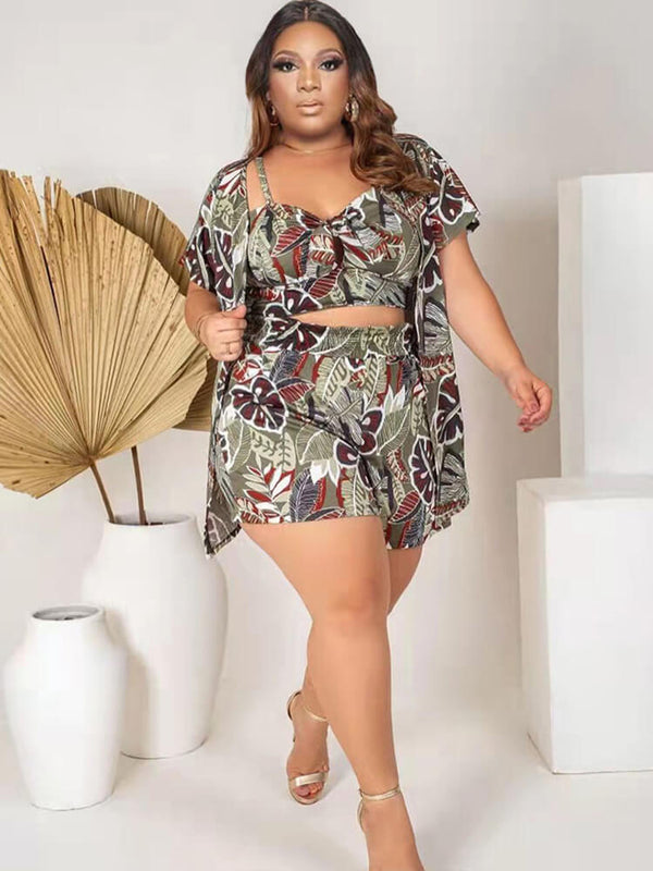 Three Piece Short Sleeve Floral Print shorts Set