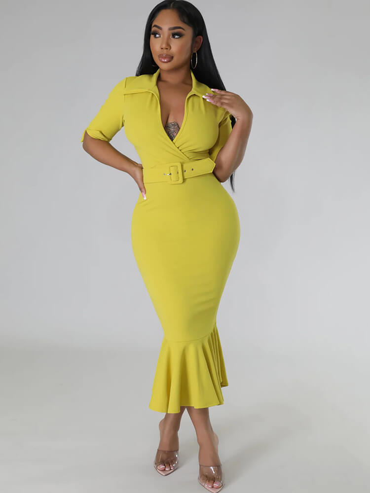 Short Sleeve V Neck Bodycon Midi Dress