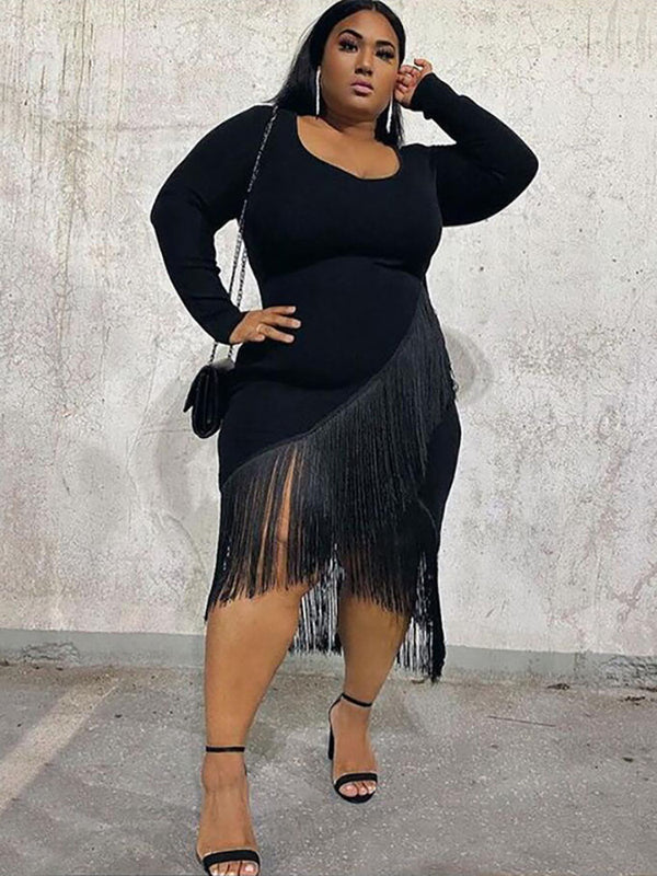 Plus Size Long Sleeves Tassels Midi Dress