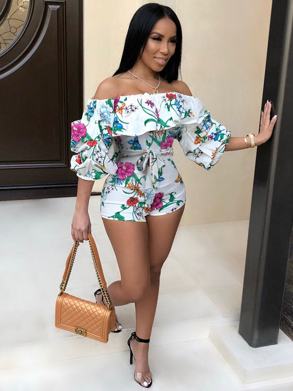 Off Shoulder Floral Print Belted Romper