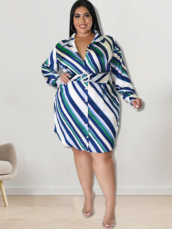 Long Sleeve Striped Mini Dress With Belt