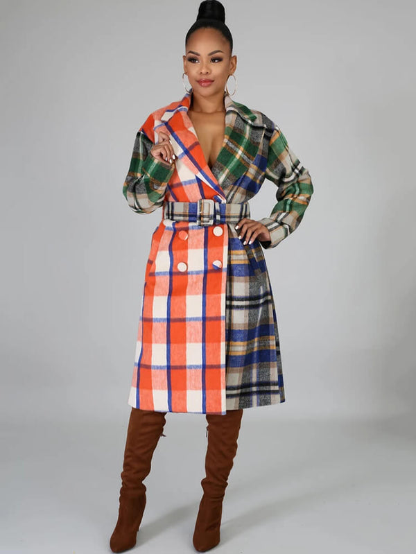 Woolen Long Sleeve Plaid Print Bodycon Coat