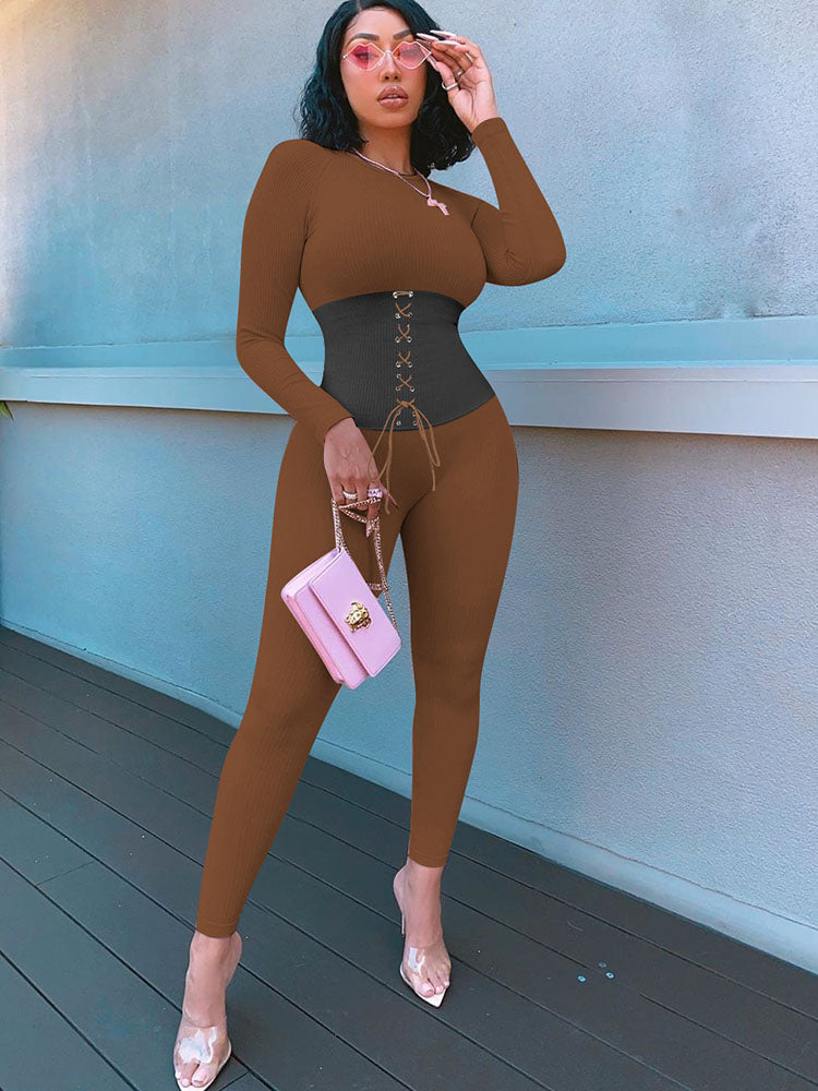 Long Sleeves Color Block Tie Up Jumpsuit