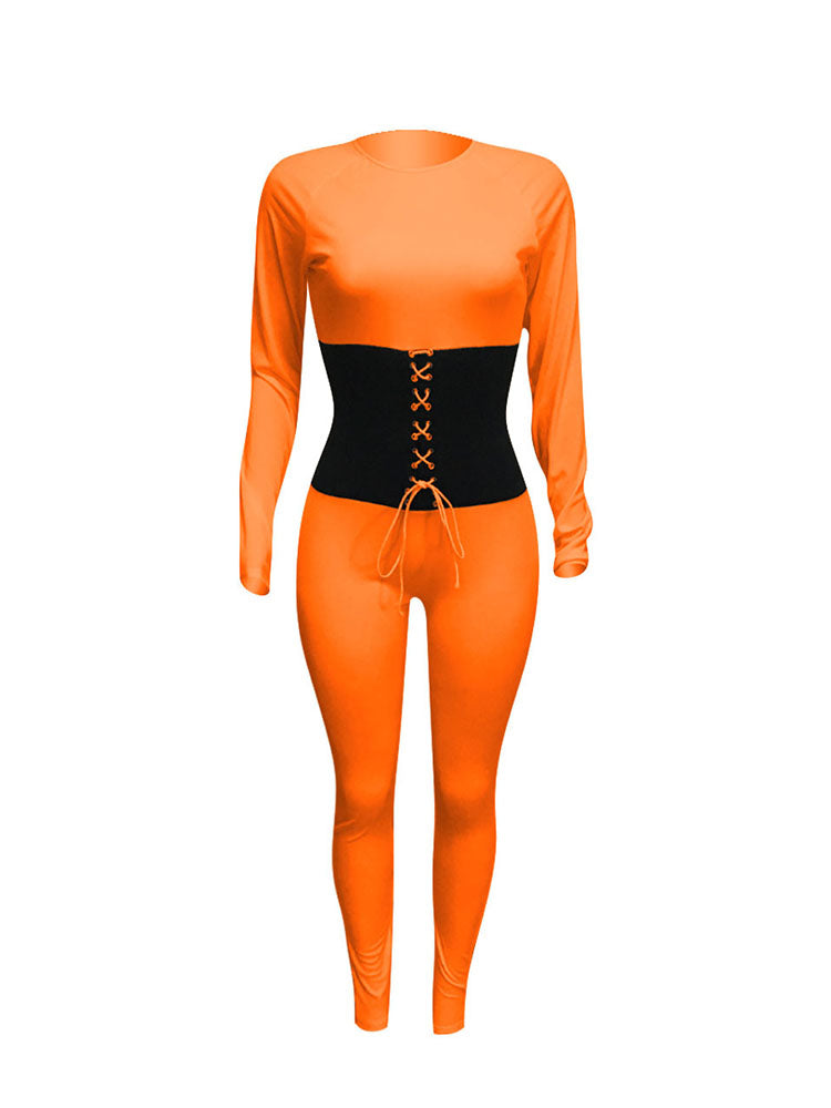 Long Sleeves Color Block Tie Up Jumpsuit