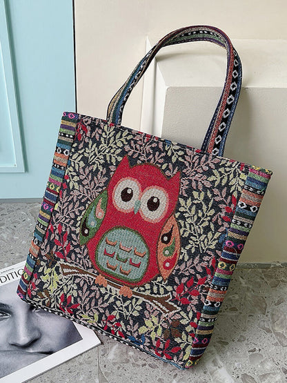 Embroidered Owl Floral Print Shoulder Bag