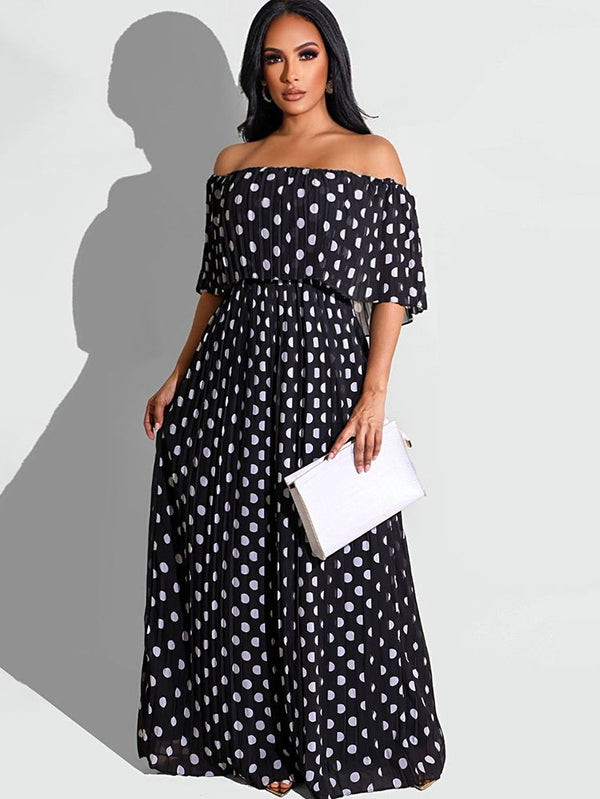 Chiffon Off Shoulder Polka Dot Maxi Dress