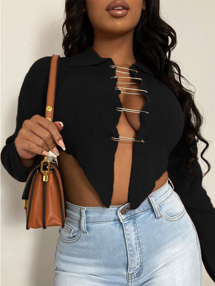 Long Sleeve Knit Pin Chain Crop Top