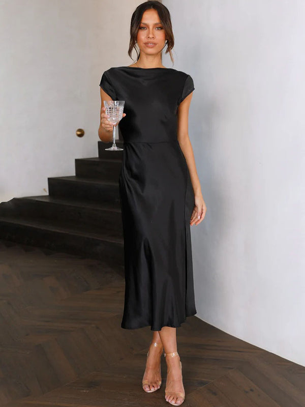 Satin Sleeveless Blackless Midi Dress