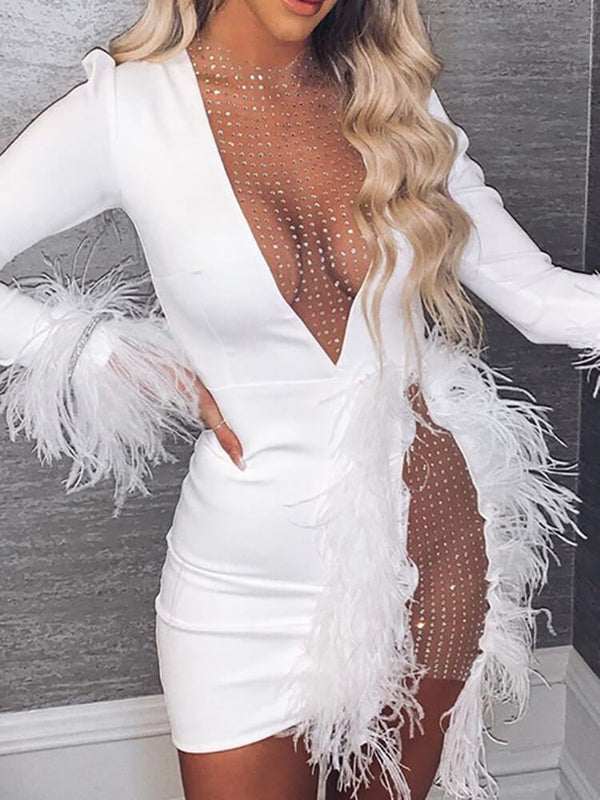 Mesh Patchwork Long Sleeve Glitter Mini Dress